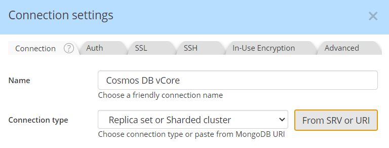 Azure CosmosDB vCore - mongodb srv button