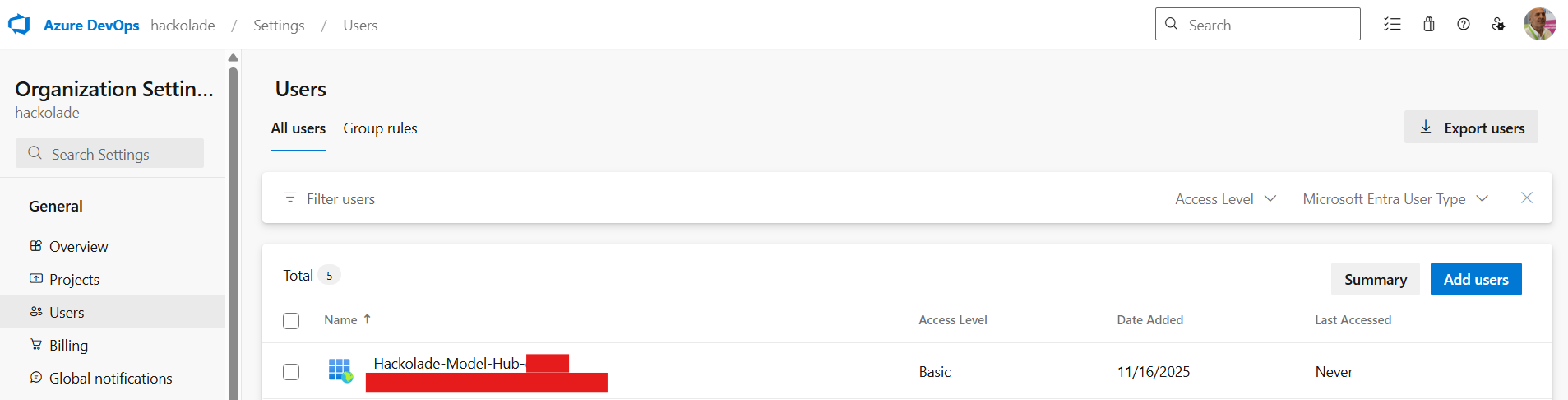 Azure DevOps Org settings list of users