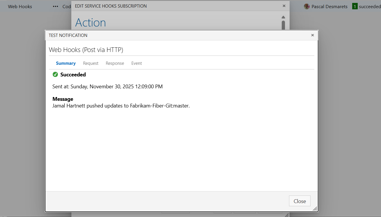 Azure DevOps service webhook test