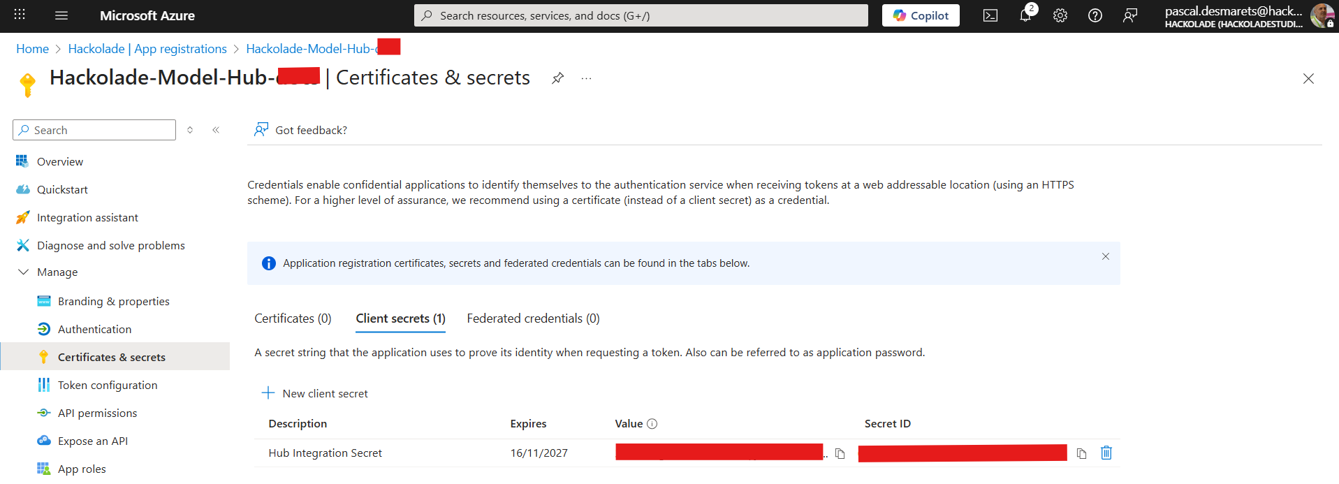 Azure app client secret created