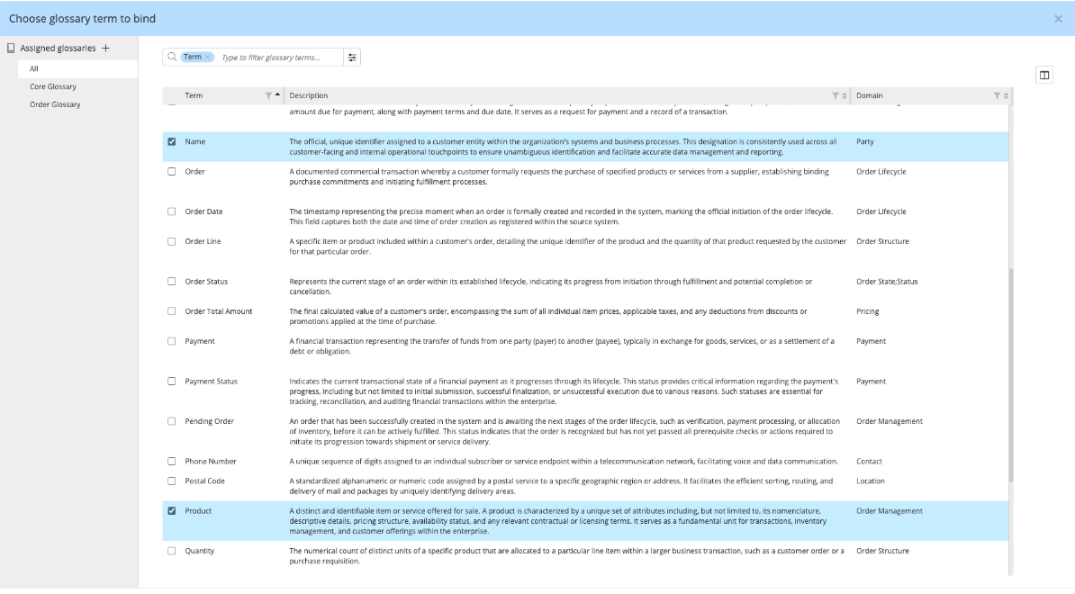 Business terms glossaries - multi-term select