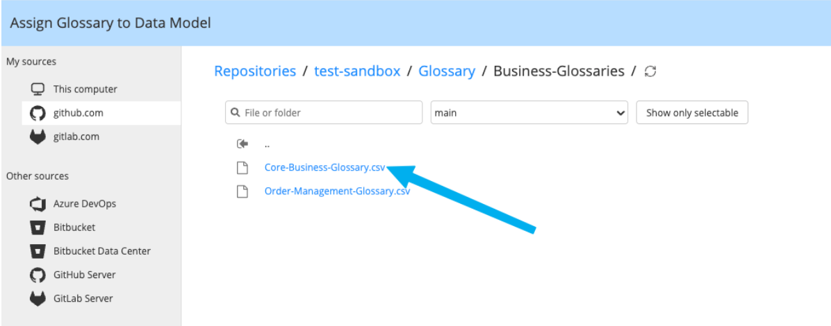 Business terms glossaries - select source