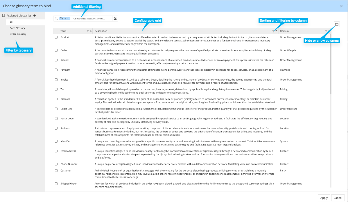 Business terms glossaries - select term