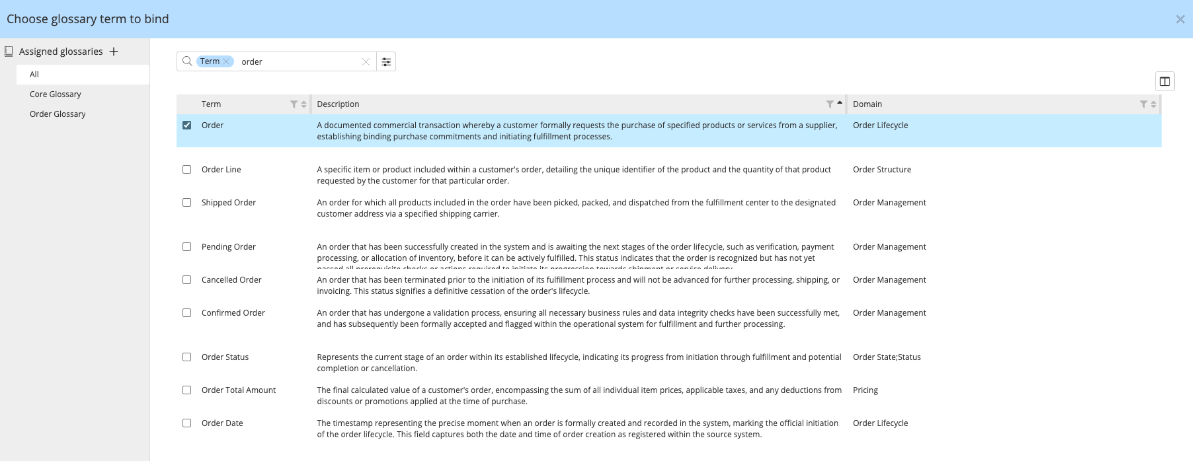 Business terms glossaries - term selected