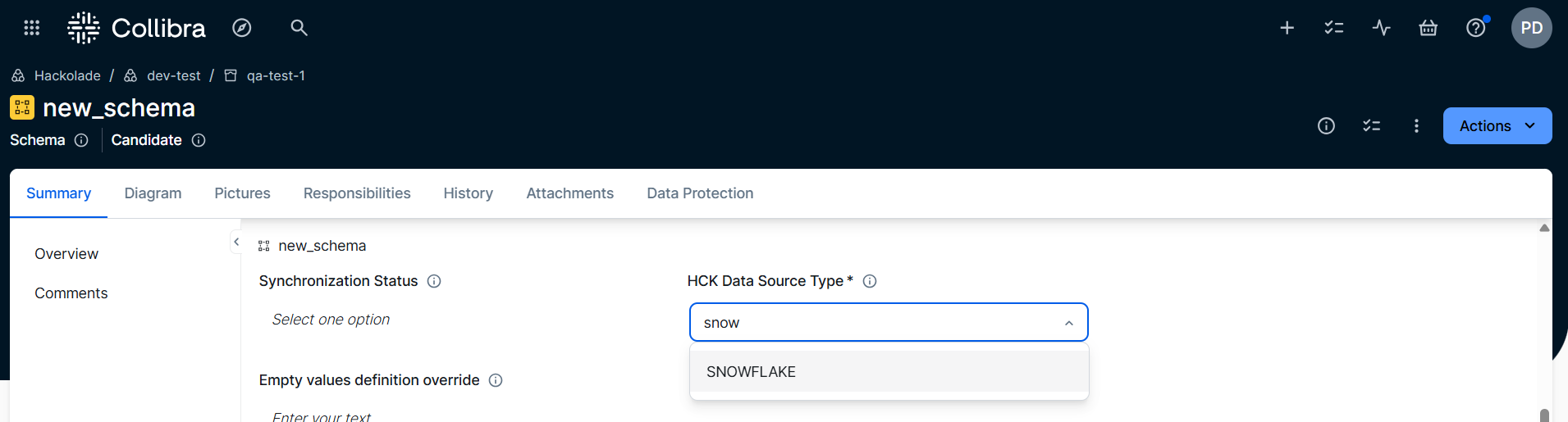 Collibra assign Hackolade data source type