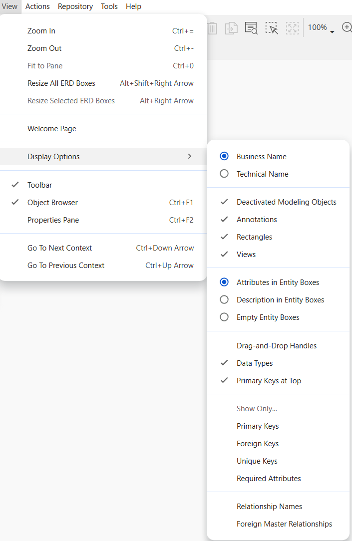 ERD display options view menu