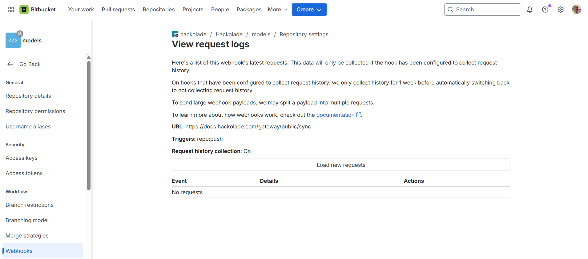 Hub Bitbucket Cloud webhook event logs