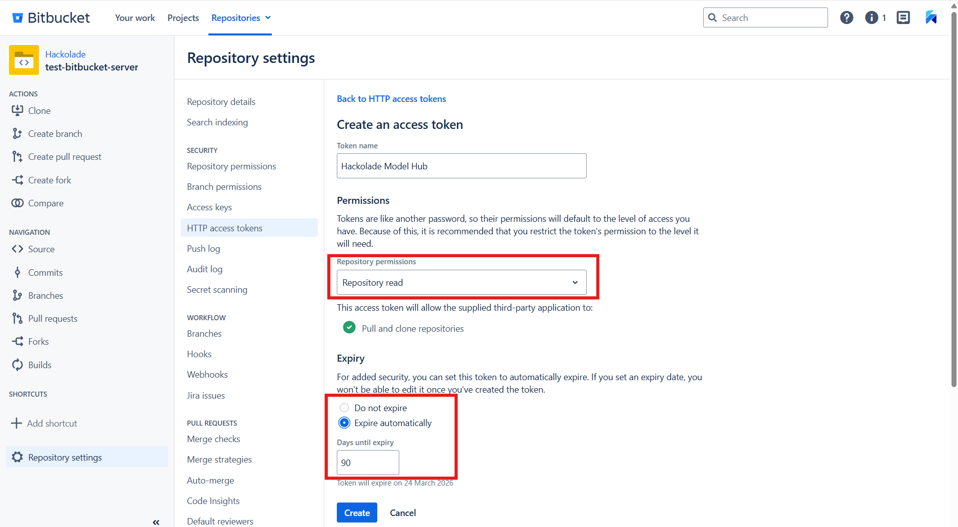 Hub Bitbucket Data Ctr create access token