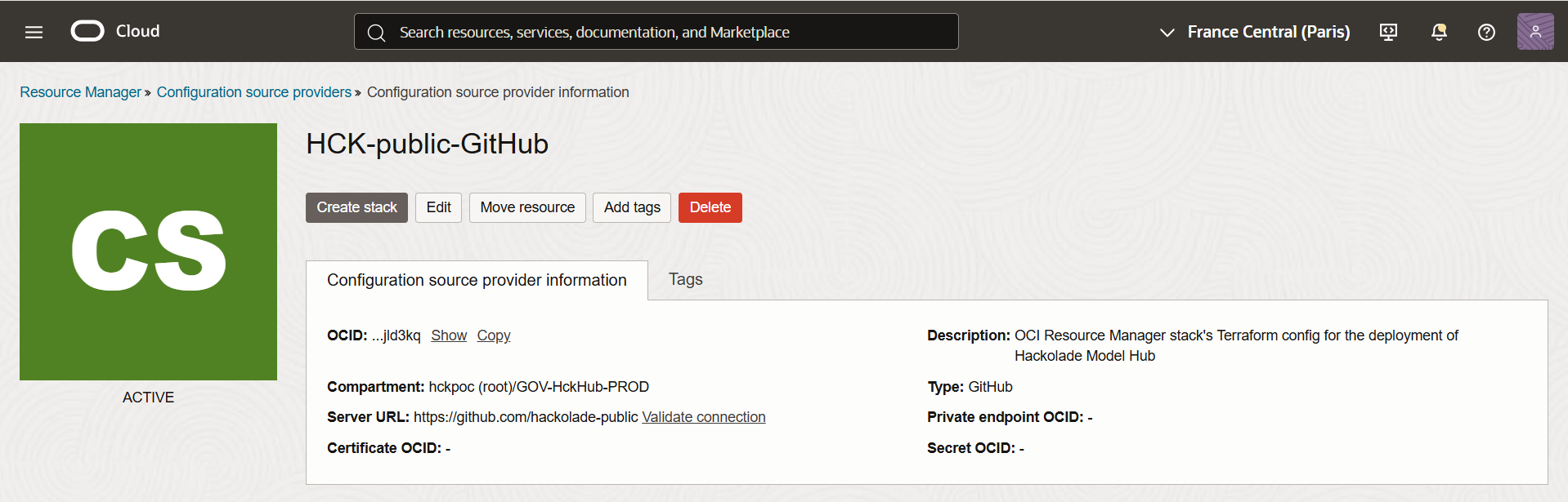 Hub OCI source provider config details