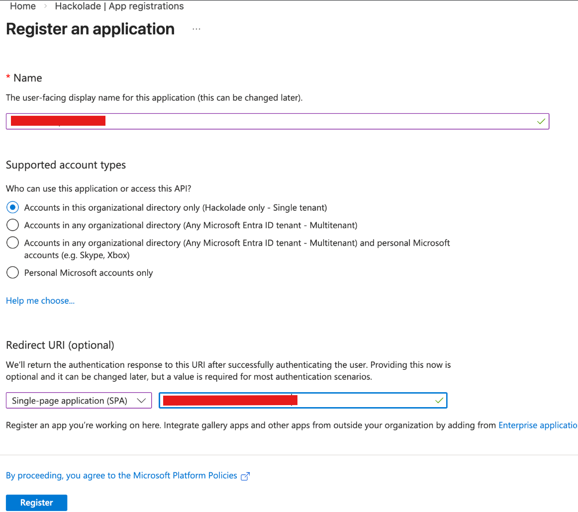 Hub auth Entra ID register app
