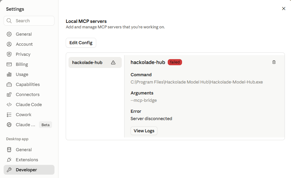 Hub standalone Claude Developer settings MCP