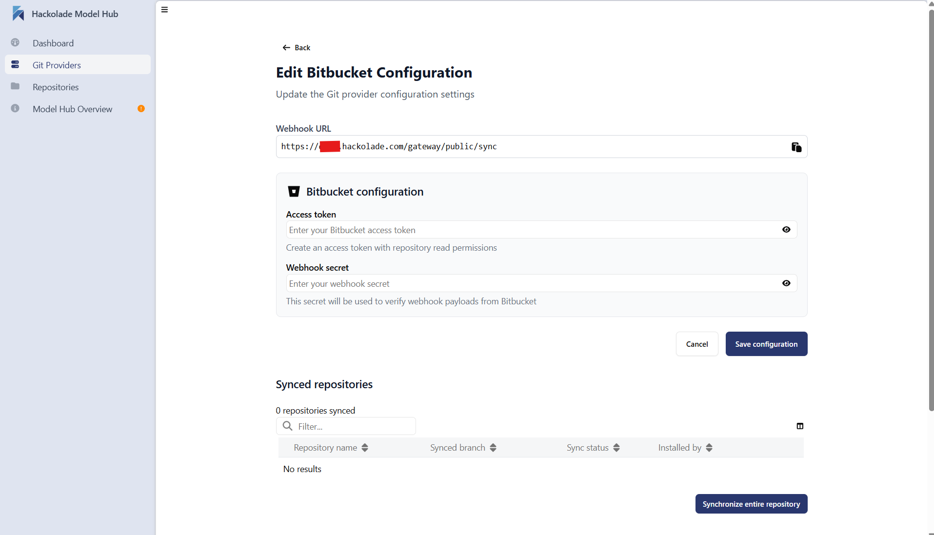 Model Hub Bitbuclet Cloud edit config