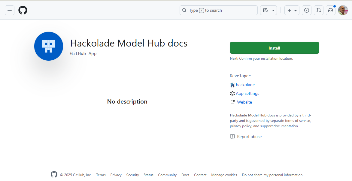 Model Hub GitHub app creation initial screen
