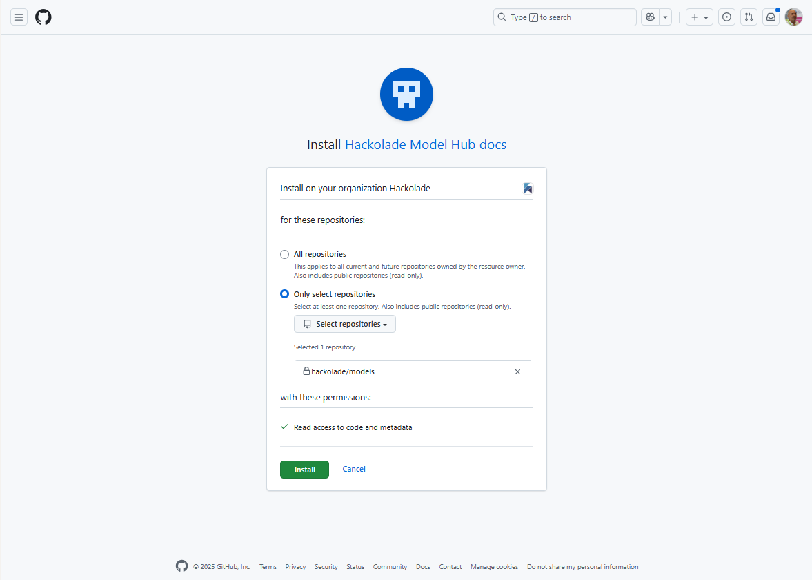 Model Hub GitHub app select one or more repos