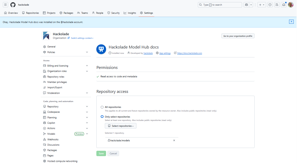 Model Hub GitHub app select repos