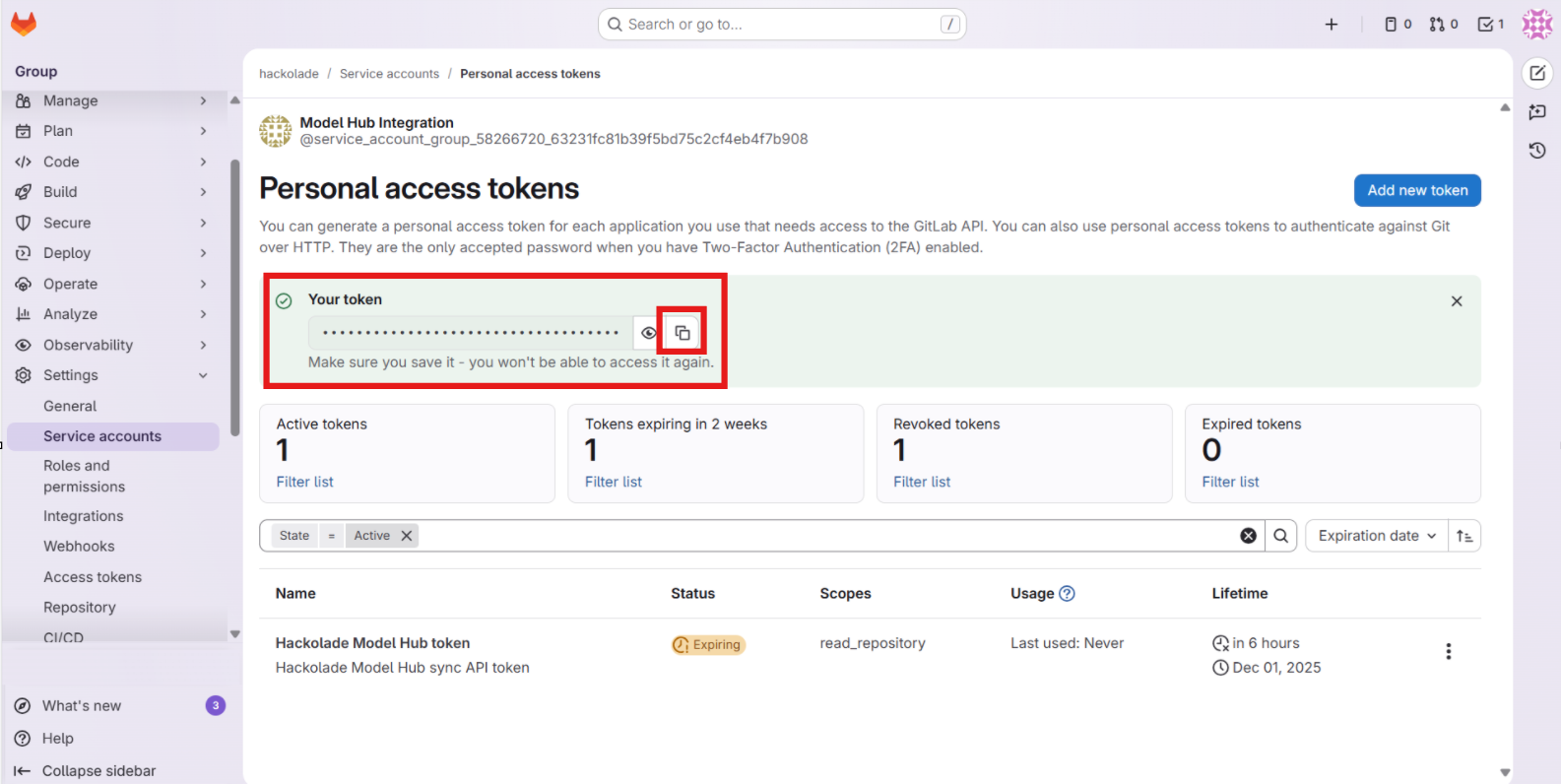 Model Hub GitLab copy personal access token
