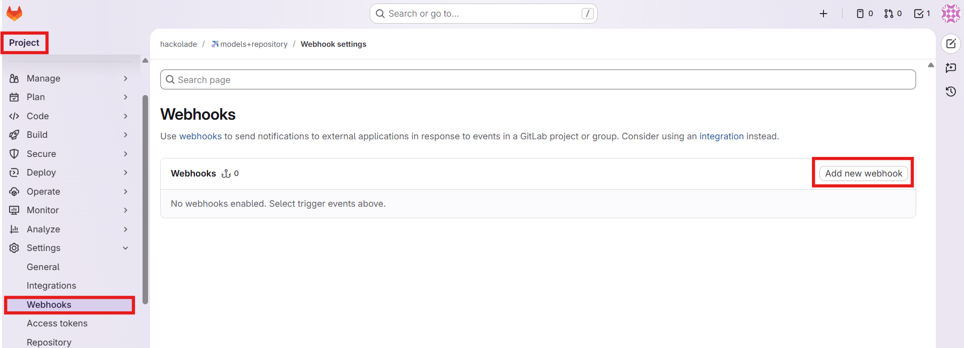 Model Hub GitLab create new webhook