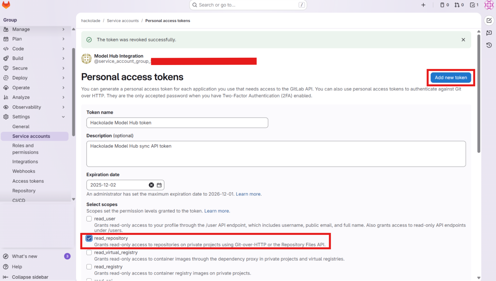Model Hub GitLab create personal access token