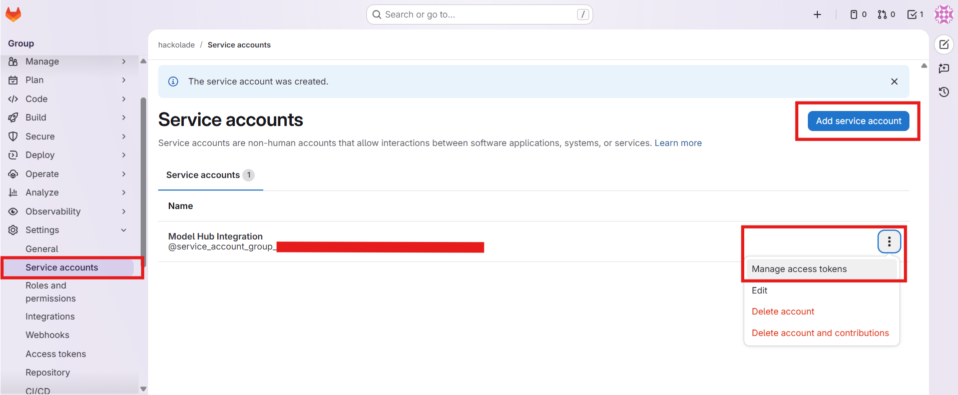 Model Hub GitLab create service account