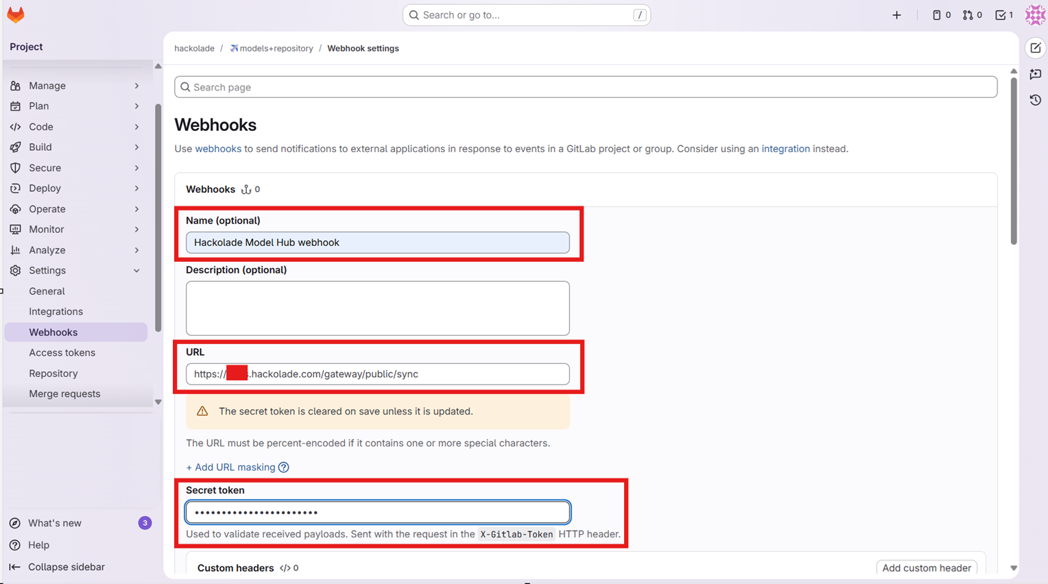 Model Hub GitLab create webhook params 1