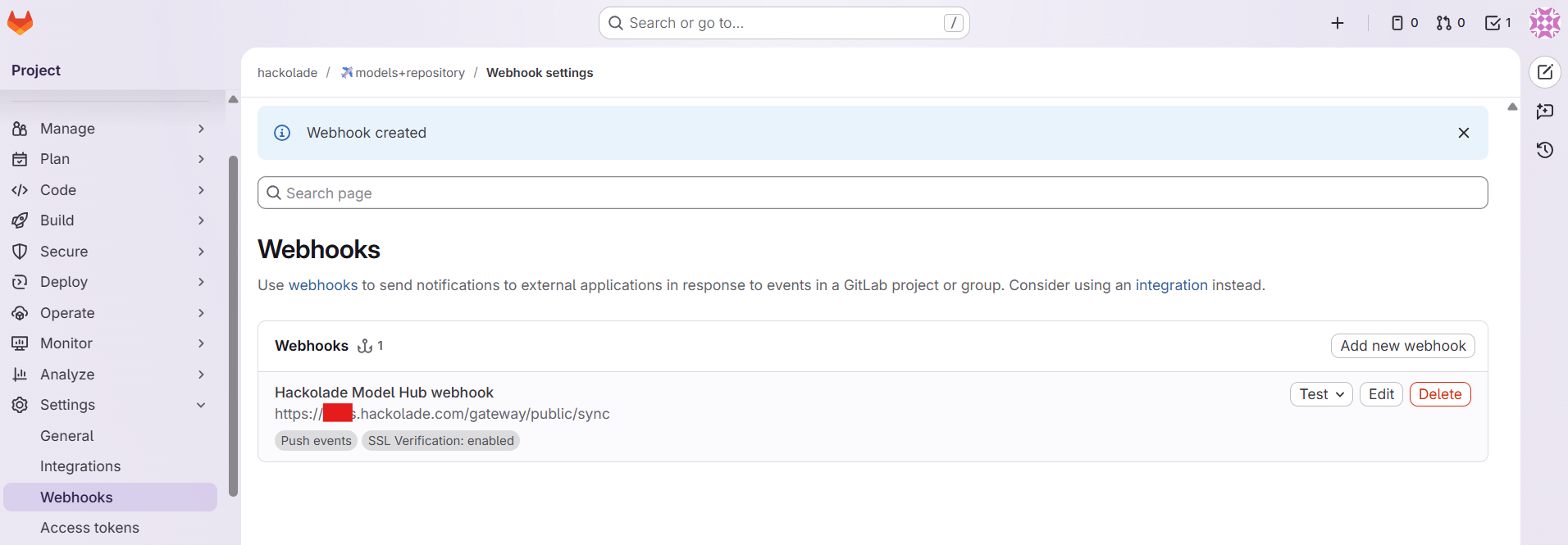 Model Hub GitLab webhooks list
