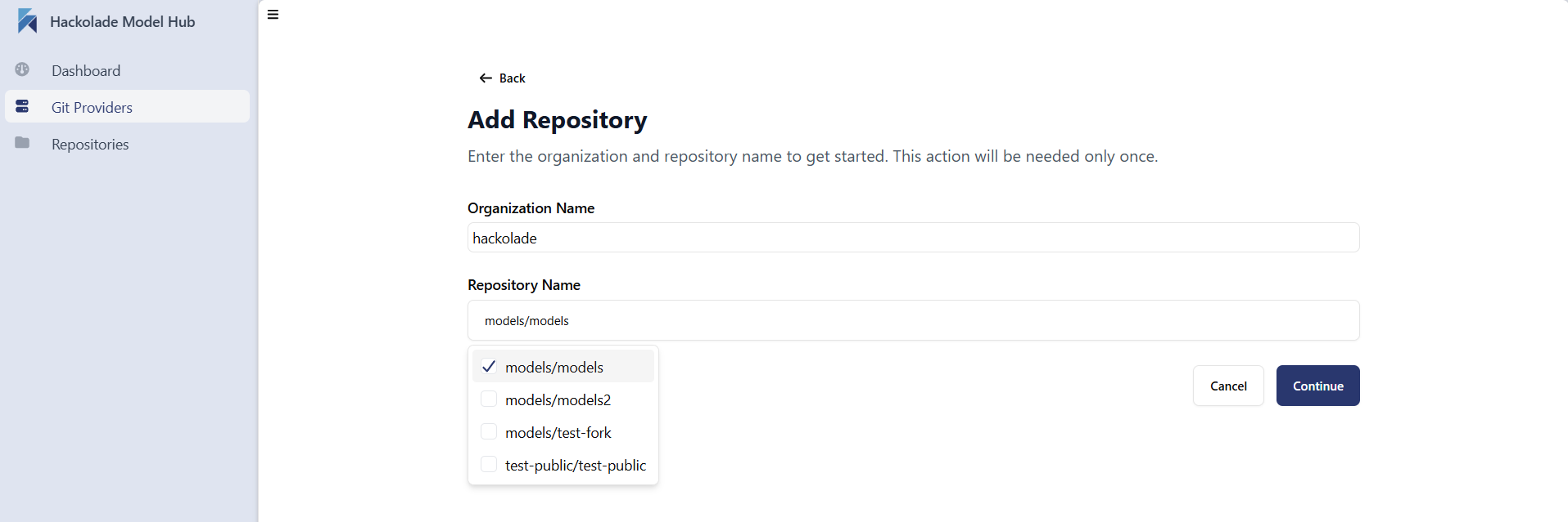 Model Hub admin add Azure repo 2