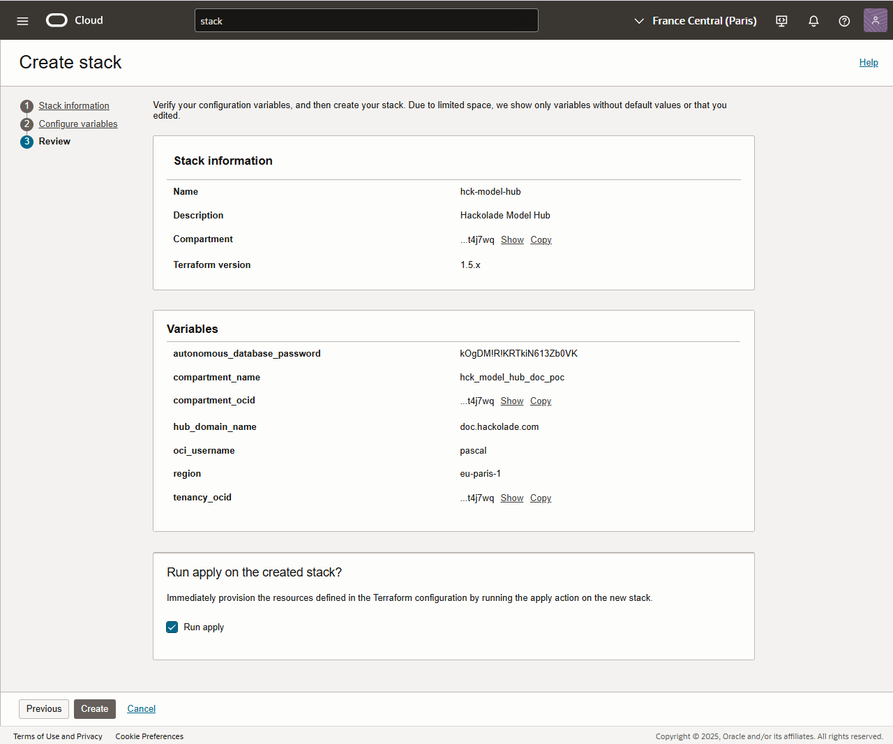 OCI Hub create stack review