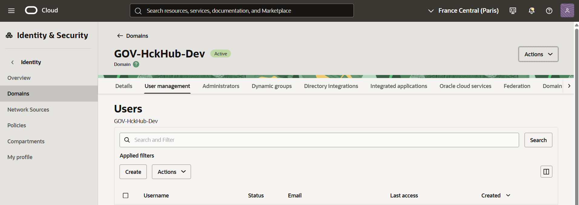 OCI Identity and Security users screen