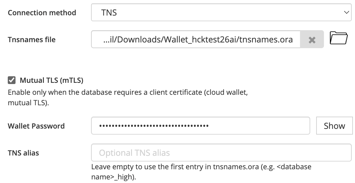 Oracle connection tnsnames ora with wallet