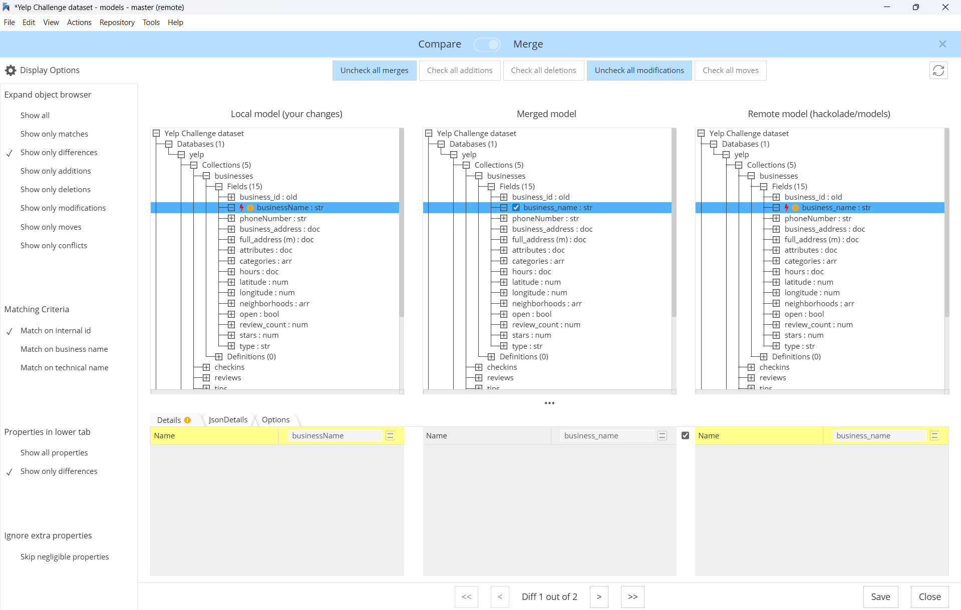 Save To remote repo conflict merge dialog