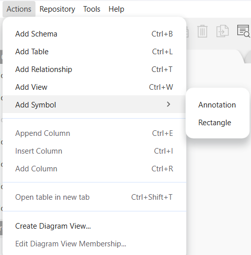 Symbol Actions menu